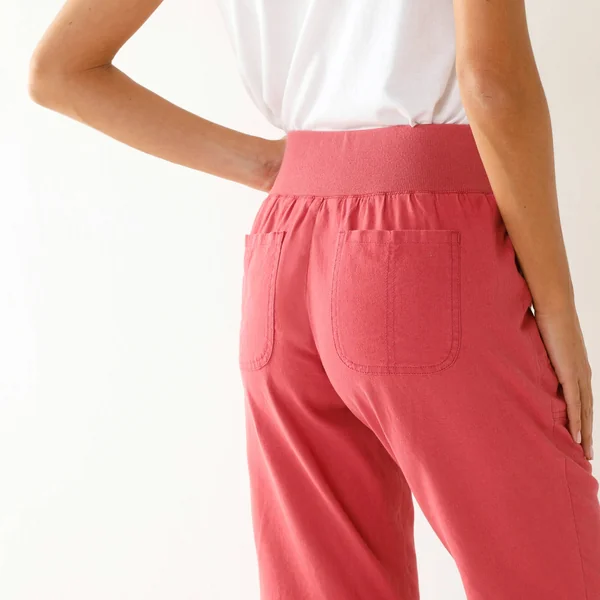 Pantalon droit 7/8ème, taille élastiquée, lin coton, framboise