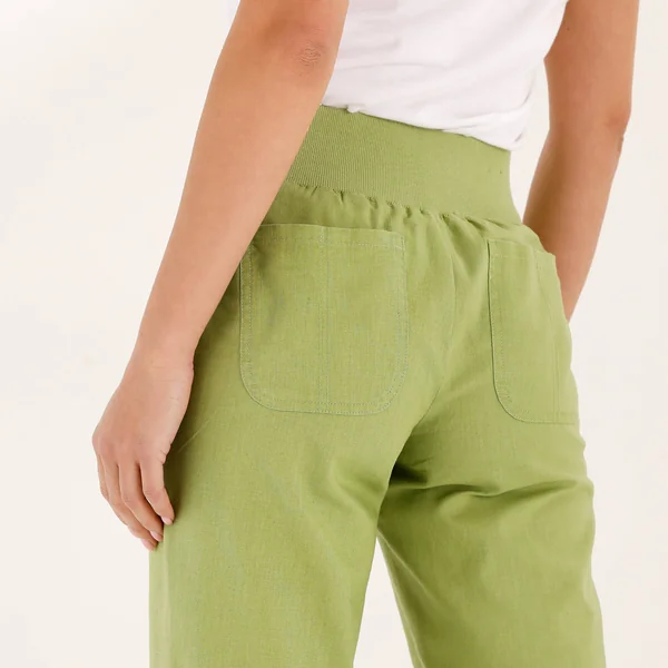 Pantalon droit 7/8ème, taille élastiquée, lin coton, vert grisé