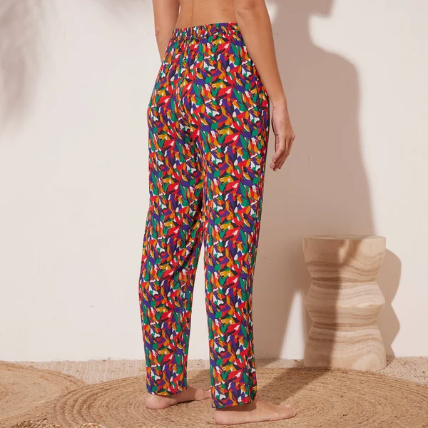 Pantalon droit imprimé, crépon fluide, multicolore