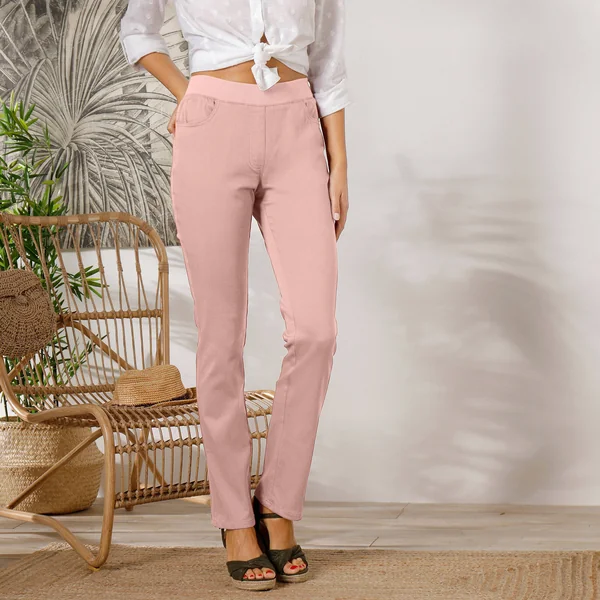 Pantalon droit "ultra confort" taille élastiquée, rose grisé