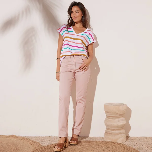 Pantalon effet ventre plat, coton stretch, rose poudré