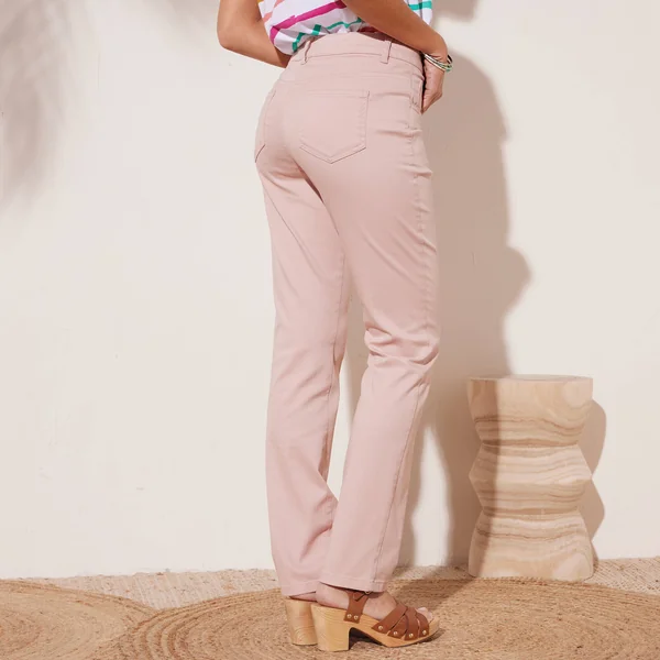 Pantalon effet ventre plat, coton stretch, rose poudré
