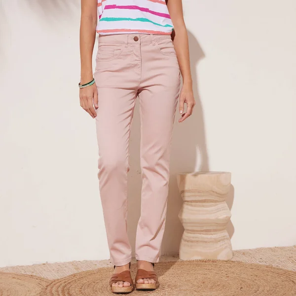 Pantalon effet ventre plat, coton stretch, rose poudré