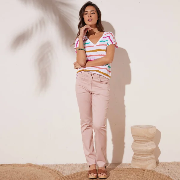 Pantalon effet ventre plat, coton stretch, rose poudré