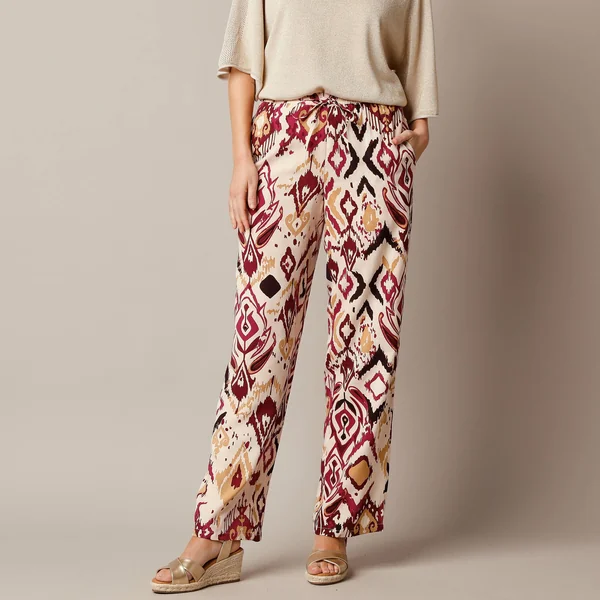 Pantalon fluide large, imprimé, beige