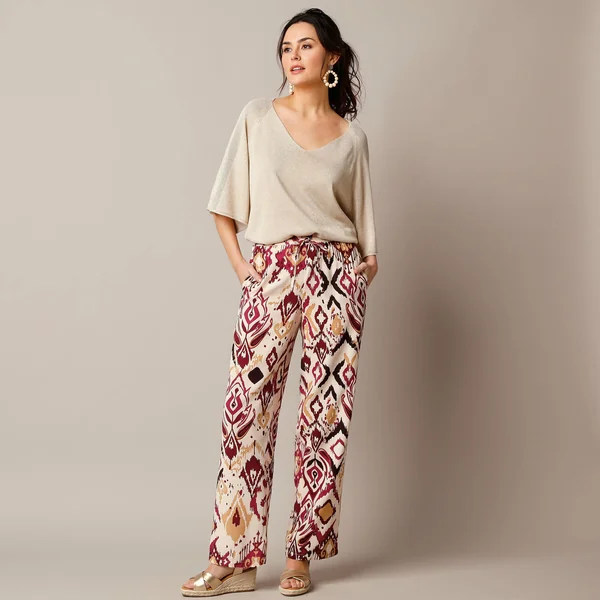Pantalon fluide large, imprimé, beige