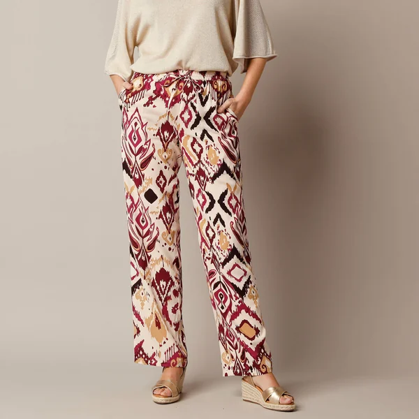 Pantalon fluide large, imprimé, beige