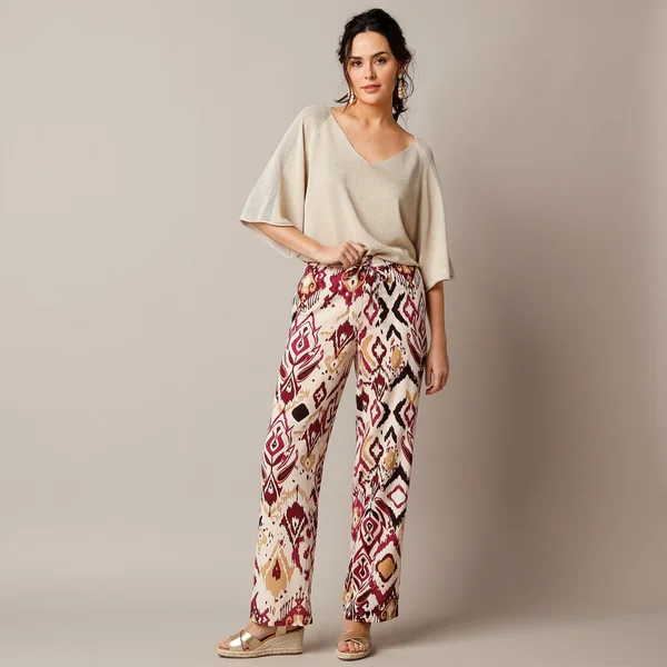 Pantalon fluide large, imprimé, beige