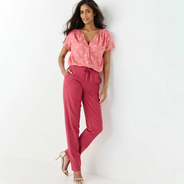 Pantalon fuselé fluide, lin-coton, bois de rose