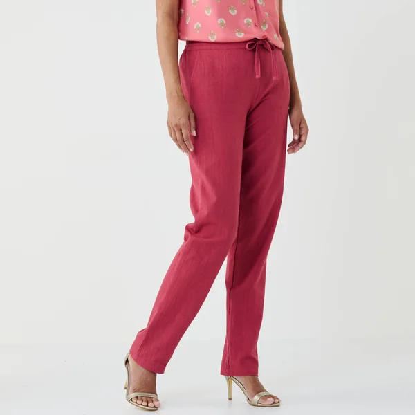 Pantalon fuselé fluide, lin-coton, bois de rose