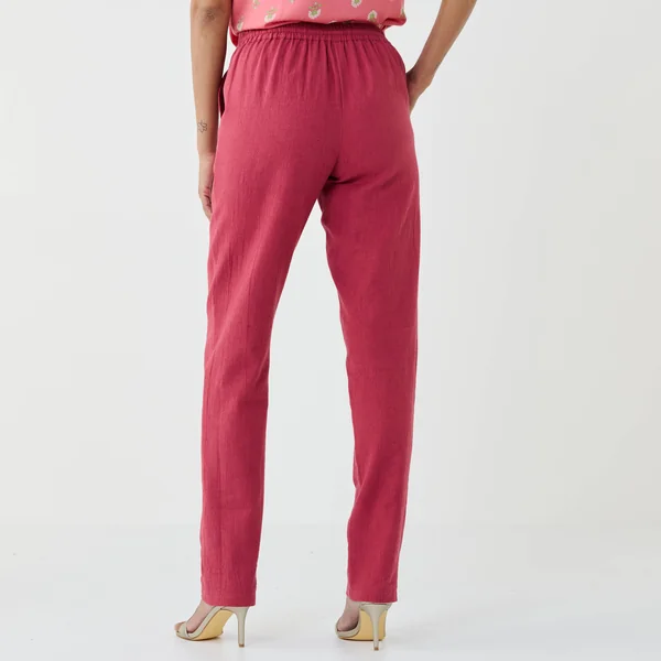 Pantalon fuselé fluide, lin-coton, bois de rose