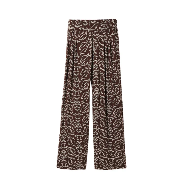 Pantalon large 7/8ème, taille élastiquée, maille imprimée, chocolat / écru