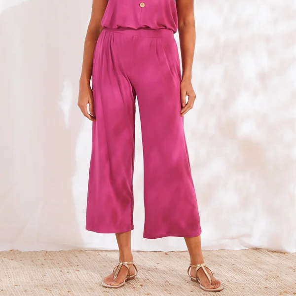 Pantalon large 7/8ème, taille élastiquée, maille unie, violine