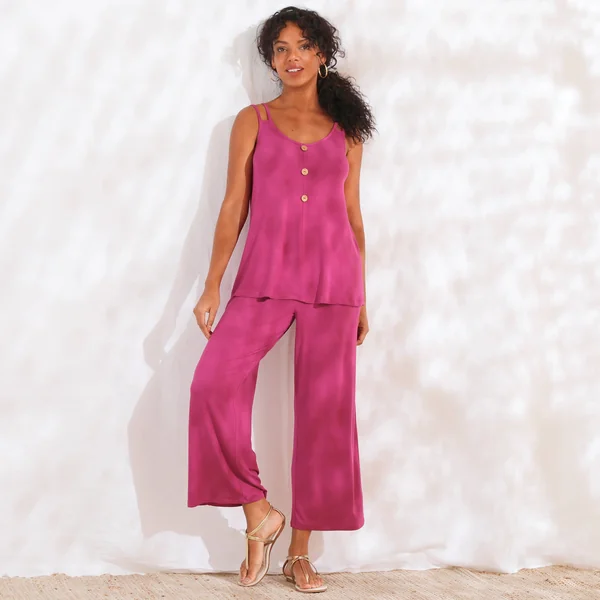 Pantalon large 7/8ème, taille élastiquée, maille unie, violine