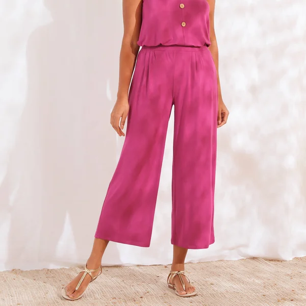 Pantalon large 7/8ème, taille élastiquée, maille unie, violine