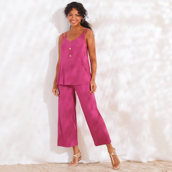 Pantalon large 7/8ème, taille élastiquée, maille unie, violine