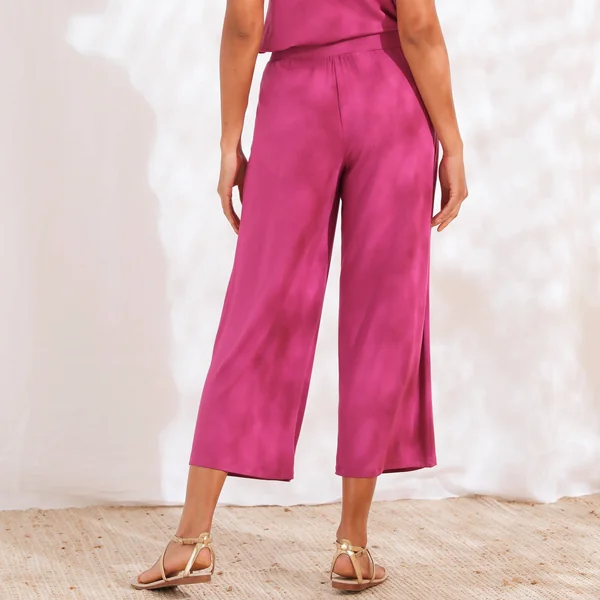 Pantalon large 7/8ème, taille élastiquée, maille unie, violine