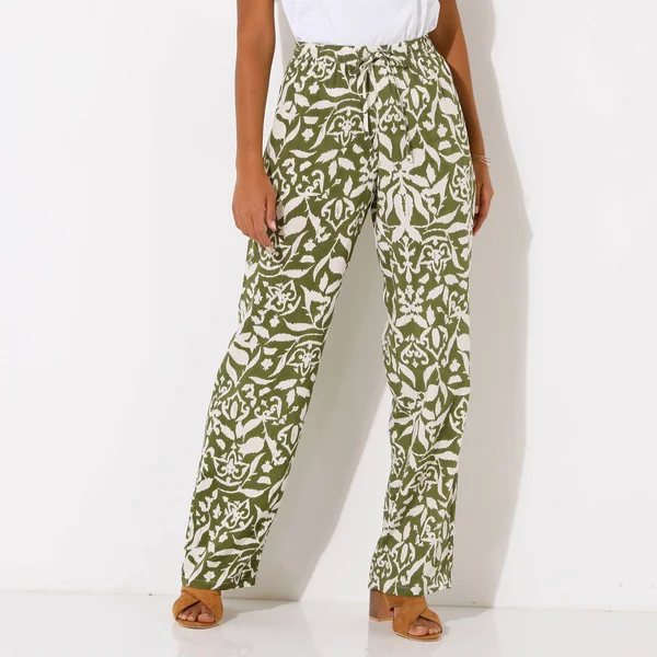 Pantalon large fluide, imprimé bicolore, kaki / beige