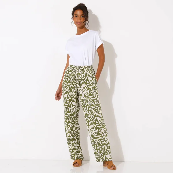Pantalon large fluide, imprimé bicolore, kaki / beige