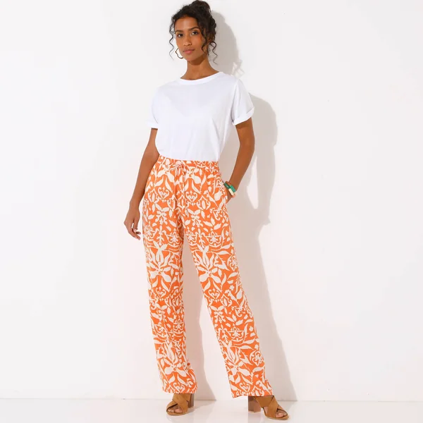 Pantalon large fluide, imprimé bicolore, mandarine / beige