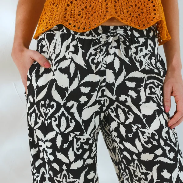 Pantalon large fluide, imprimé bicolore, noir / beige