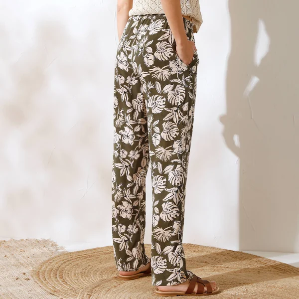 Pantalon large fluide, imprimé végétal, kaki / écru