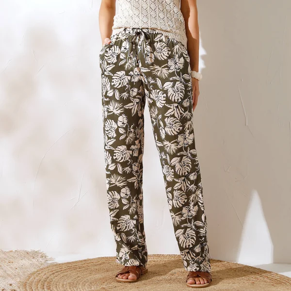 Pantalon large fluide, imprimé végétal, kaki / écru