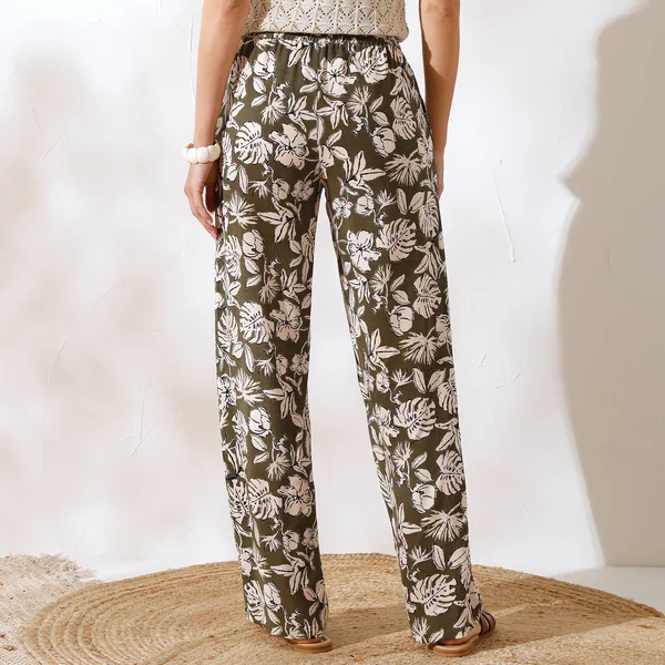 Pantalon large fluide, imprimé végétal, kaki / écru