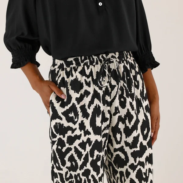 Pantalon large, imprimé , noir / beige