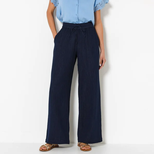Pantalon large taille haute effet jean, en gaze de coton, indigo