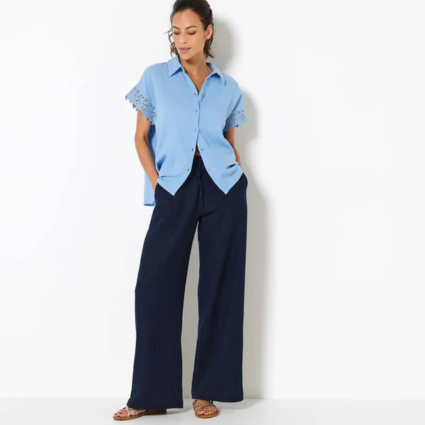 Pantalon large taille haute effet jean, en gaze de coton, indigo
