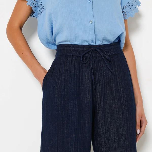 Pantalon large taille haute effet jean, en gaze de coton, indigo