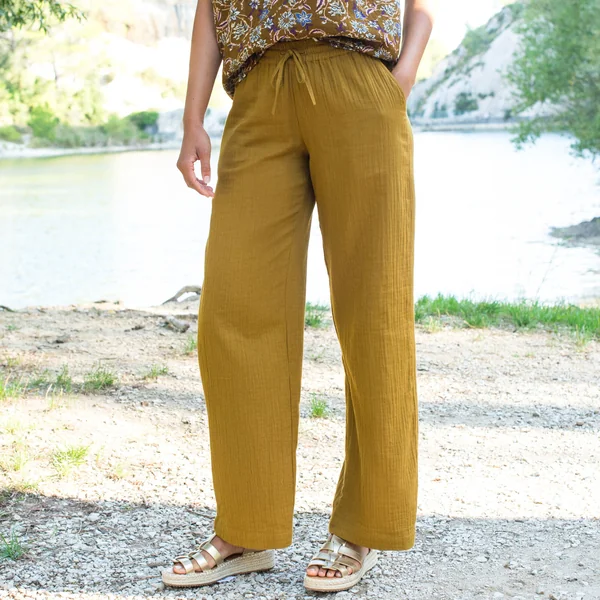 Pantalon large taille haute, gaze de coton, bronze