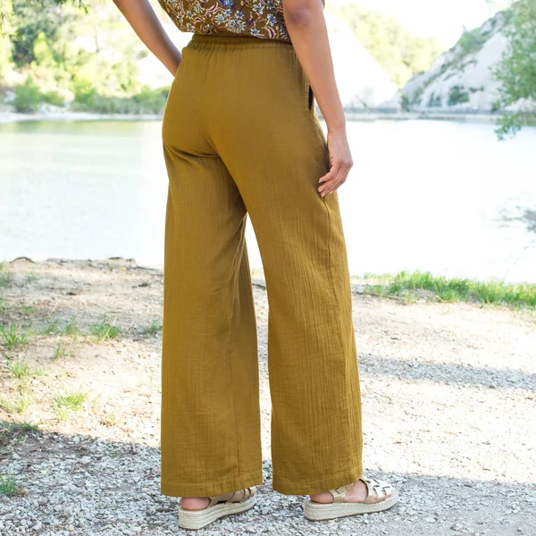 Pantalon large taille haute, gaze de coton, bronze