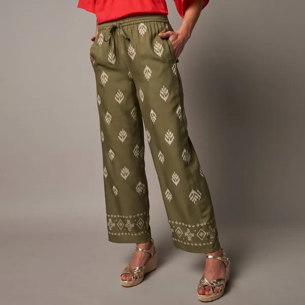 Pantalon large taille haute, viscose imprimée, kaki / écru