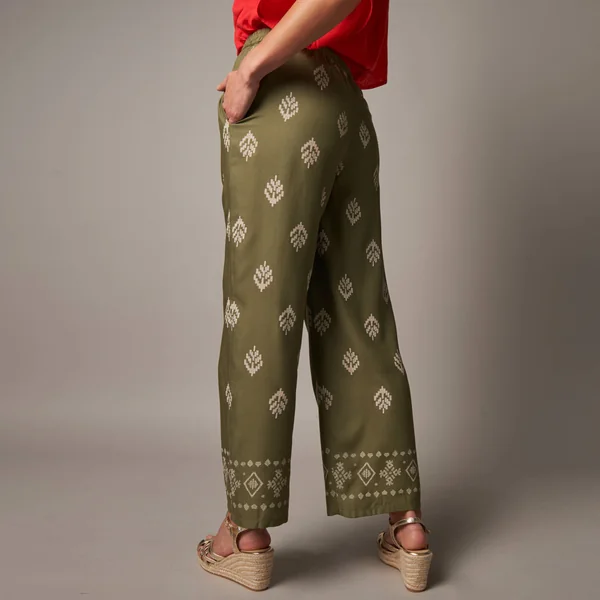Pantalon large taille haute, viscose imprimée, kaki / écru