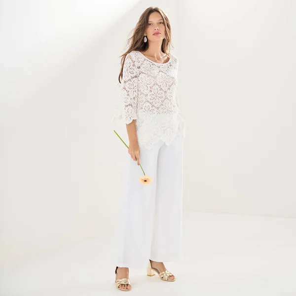 Pantalon large taille haute à enfiler, crêpe fluide, blanc