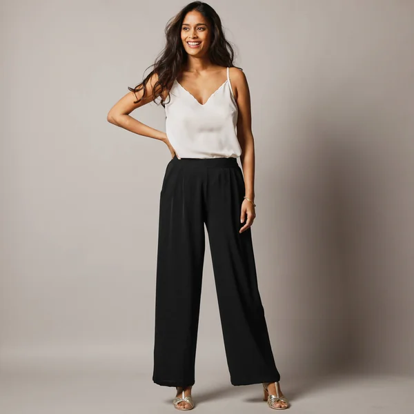 Pantalon large taille haute à enfiler, crêpe fluide, noir