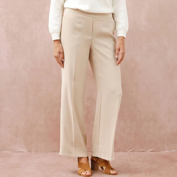 Pantalon large taille élastiquée, crêpe, beige