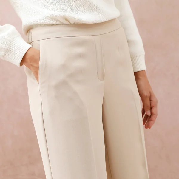 Pantalon large taille élastiquée, crêpe, beige