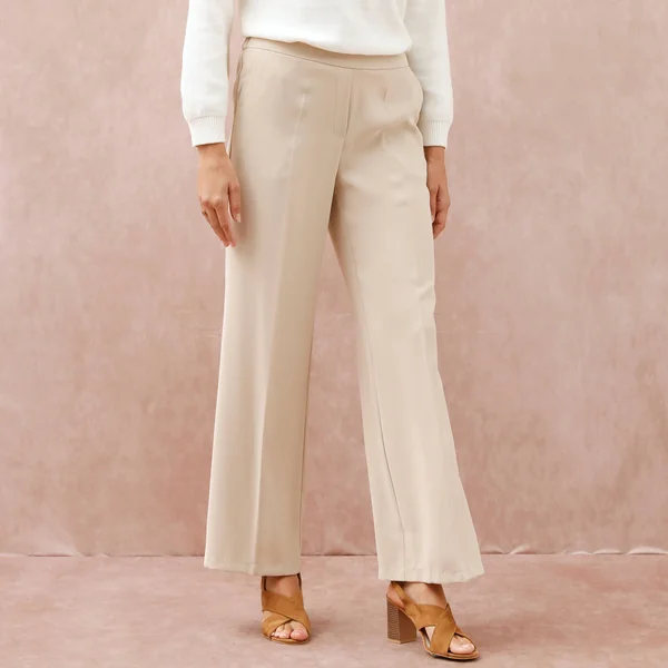Pantalon large taille élastiquée, crêpe, beige