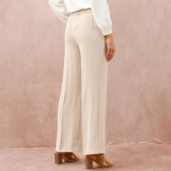 Pantalon large taille élastiquée, crêpe, beige