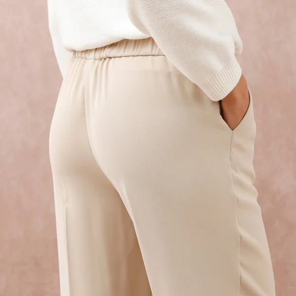Pantalon large taille élastiquée, crêpe, beige