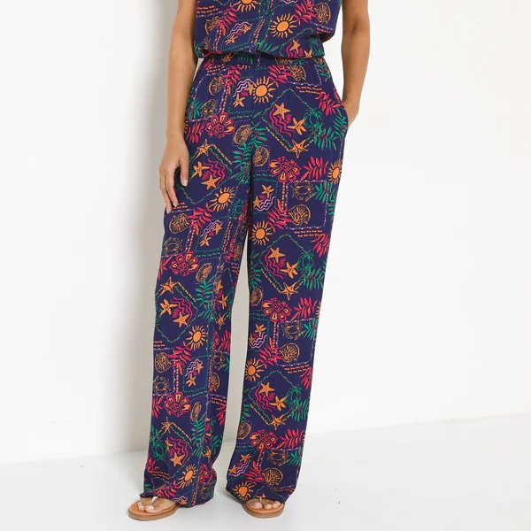 Pantalon large taille élastiquée imprimé soleil, crépon fluide, marine / fuchsia