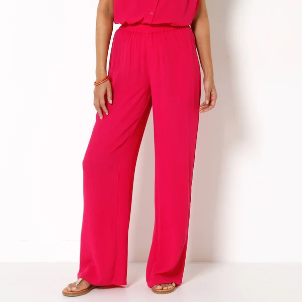 Pantalon large taille élastiquée uni, crépon fluide, fuchsia