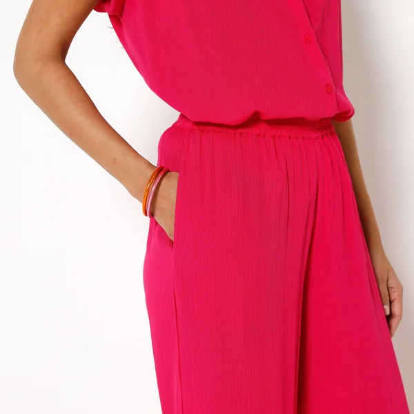 Pantalon large taille élastiquée uni, crépon fluide, fuchsia
