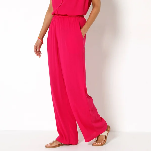 Pantalon large taille élastiquée uni, crépon fluide, fuchsia