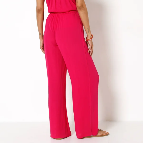 Pantalon large taille élastiquée uni, crépon fluide, fuchsia