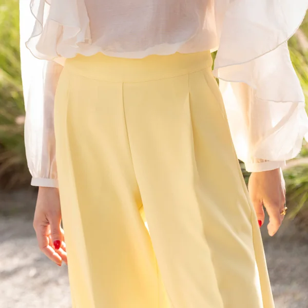 Pantalon large à pinces taille haute, uni, vanille