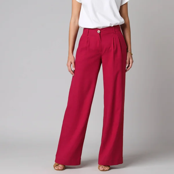 Pantalon large à pinces uni, en viscose-lin, framboise
